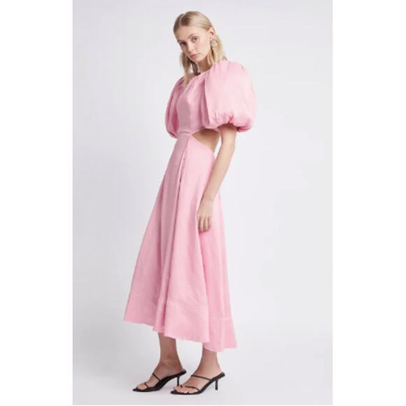 AJE Serendipity Cut Out Dress Musk Pink Puff Sleeve Women 4 Maxi Pockets - Picture 4 of 16